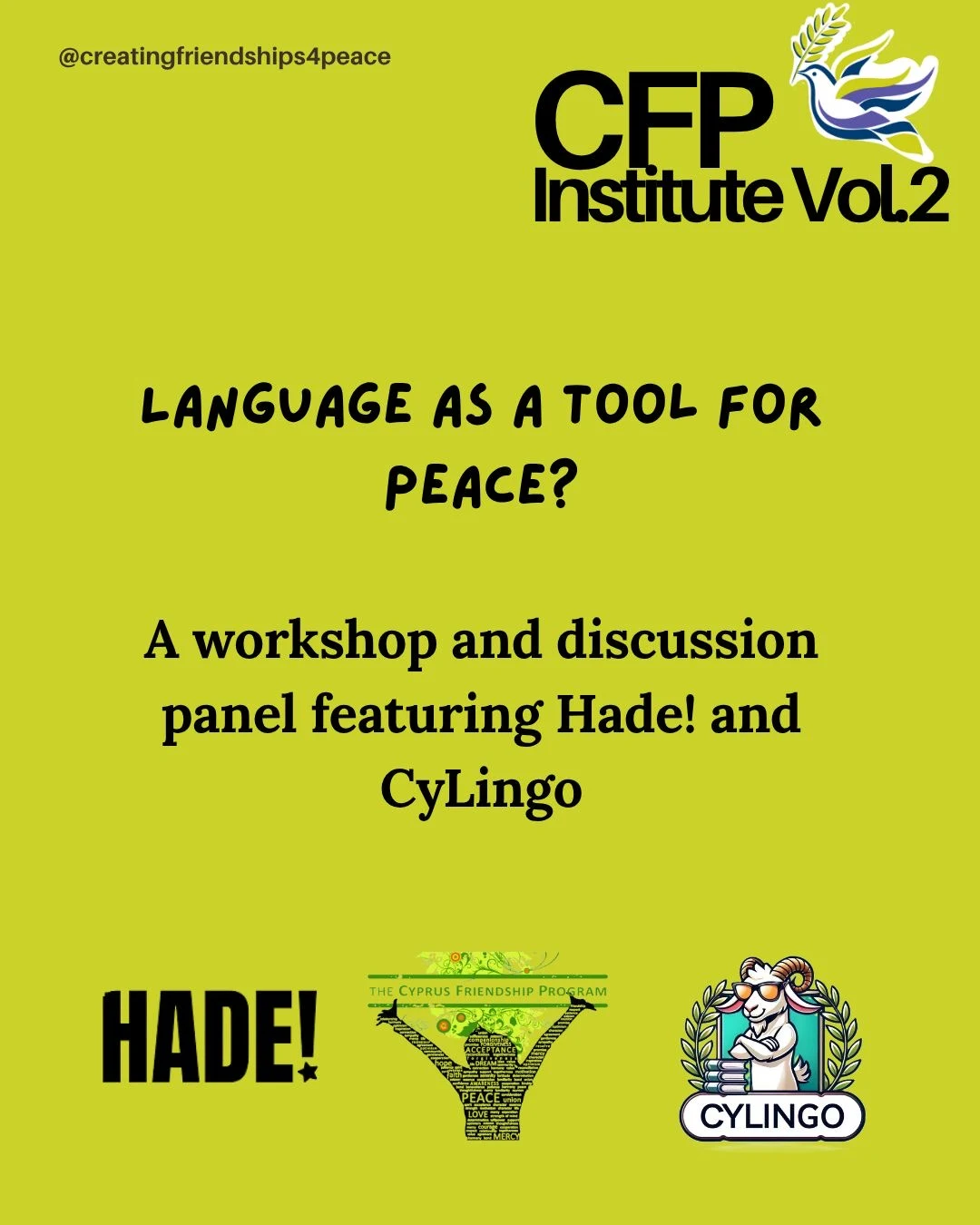 Language as a Tool for Peace webinar poster featuring CFP, HADE! and Cylingo