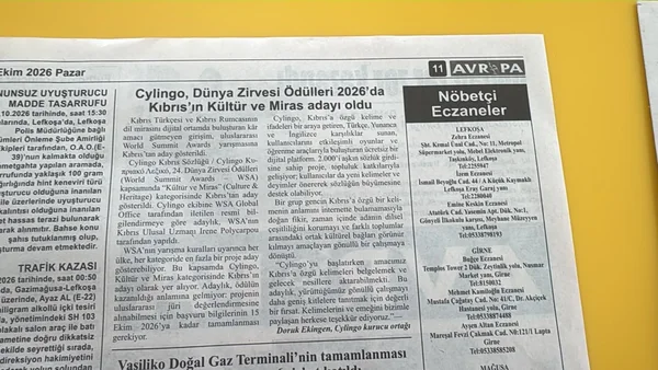 Avrupa newspaper article reporting Cylingo’s nomination to represent Cyprus in the Culture and Heritage category of WSA 2026